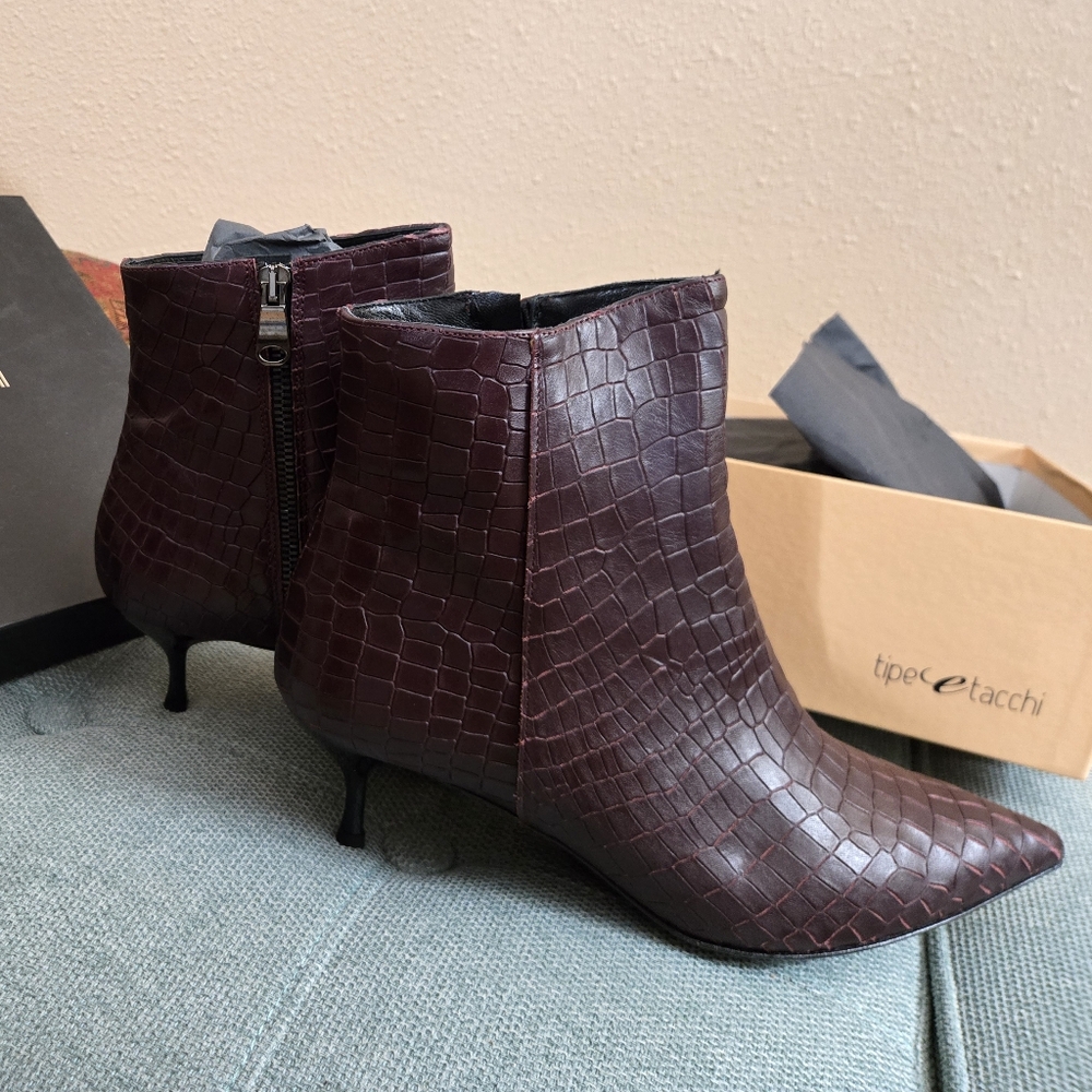 Burgundy Croc-Embossed Ankle Boots